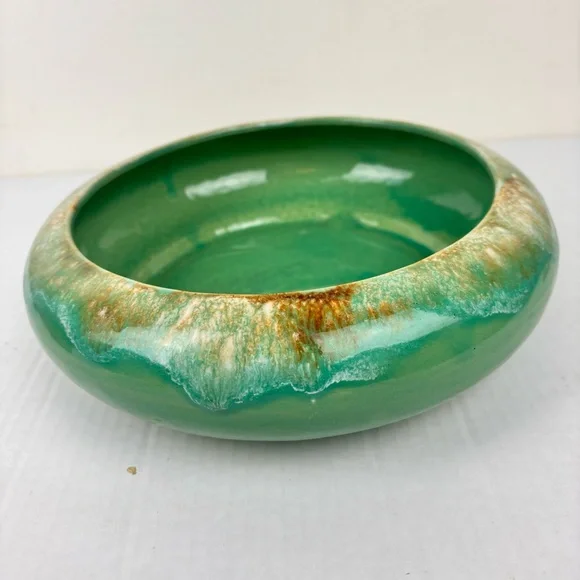VTG round shallow planter by R. Ransbottom Pottery/Roseville OH-green drip glaze - Picture 2 of 11